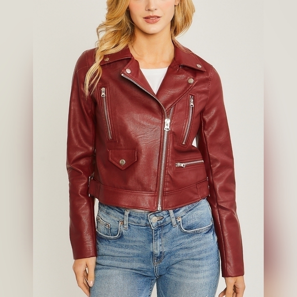 LOVETREE Women’s Red Moto Zip Up Faux Leather Jacket – Faux Leather Biker Style